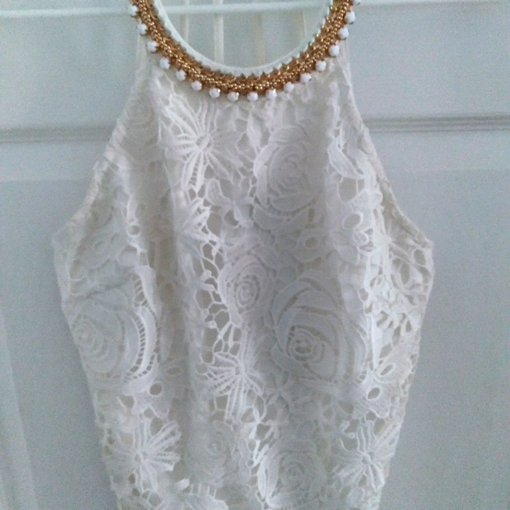White halter top with floral lace overlay